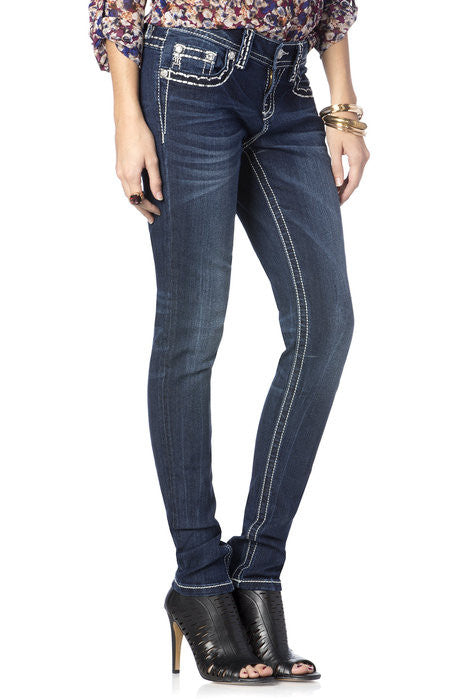 Scalloped Edge Big Stitch Relaxed Skinny Jeans