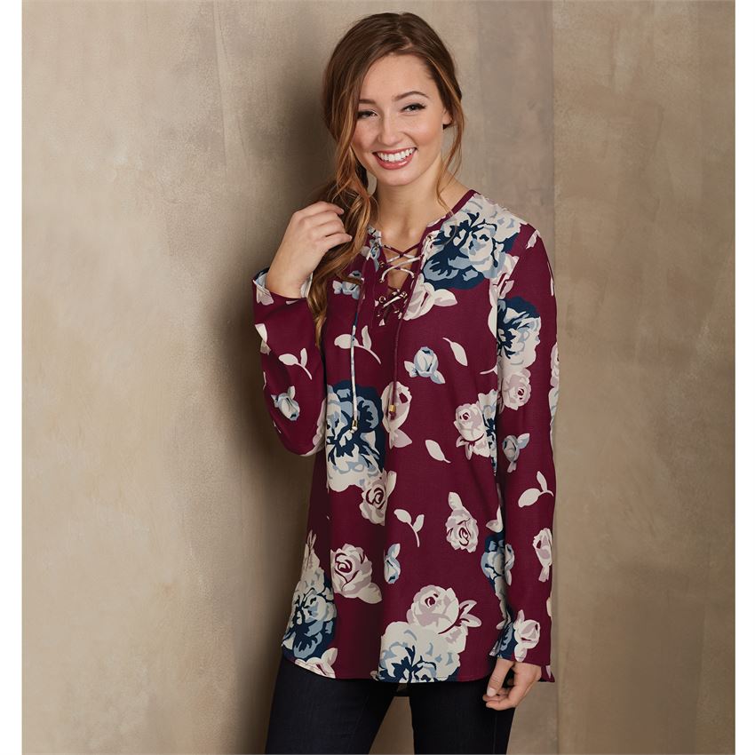Rosalie Lace-Up Top in Berry Floral